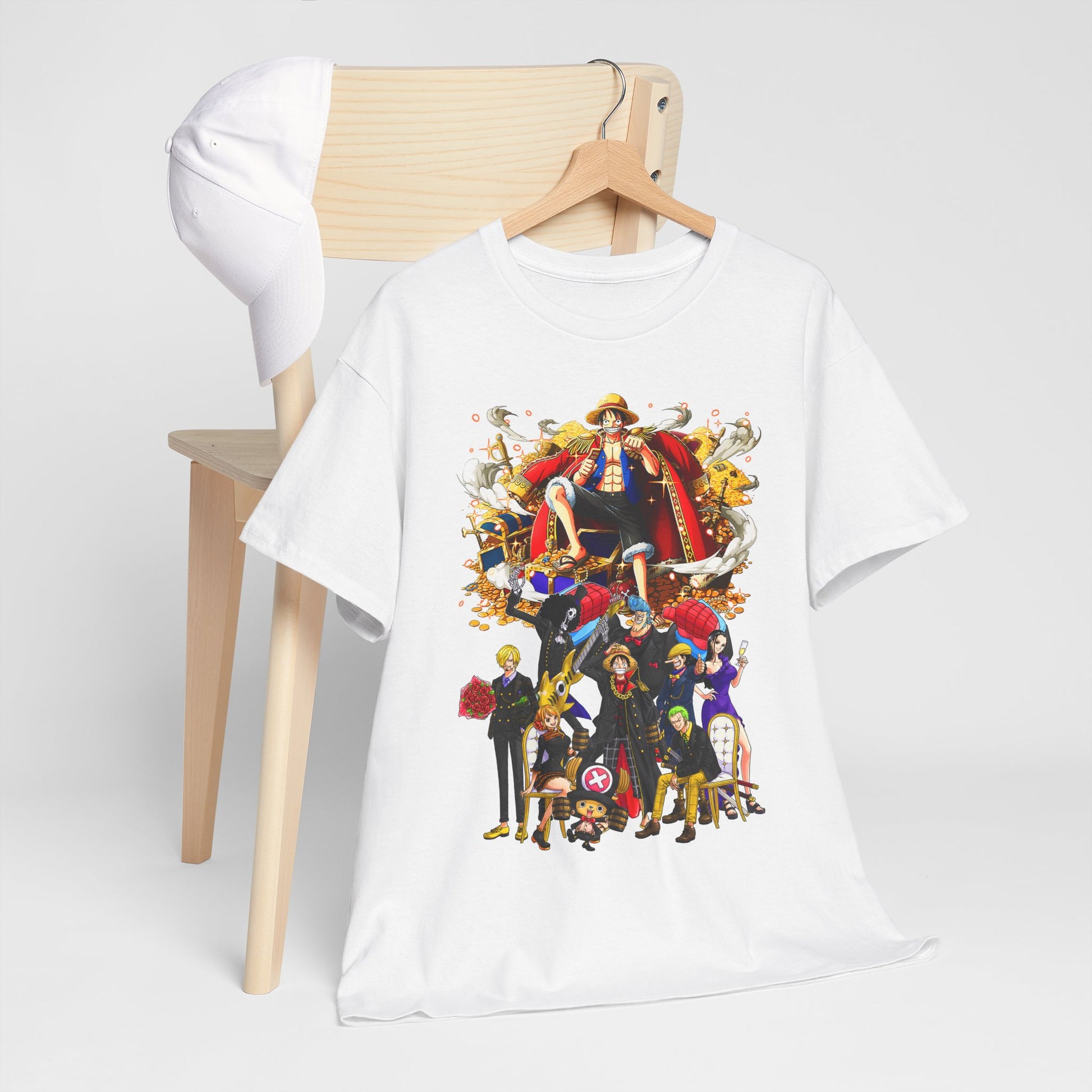 High-end t-shirt elegantly displayed on a chair, featuring a richly detailed anime design with multiple characters against a treasure backdrop, suitable for those who appreciate luxury and anime culture.
