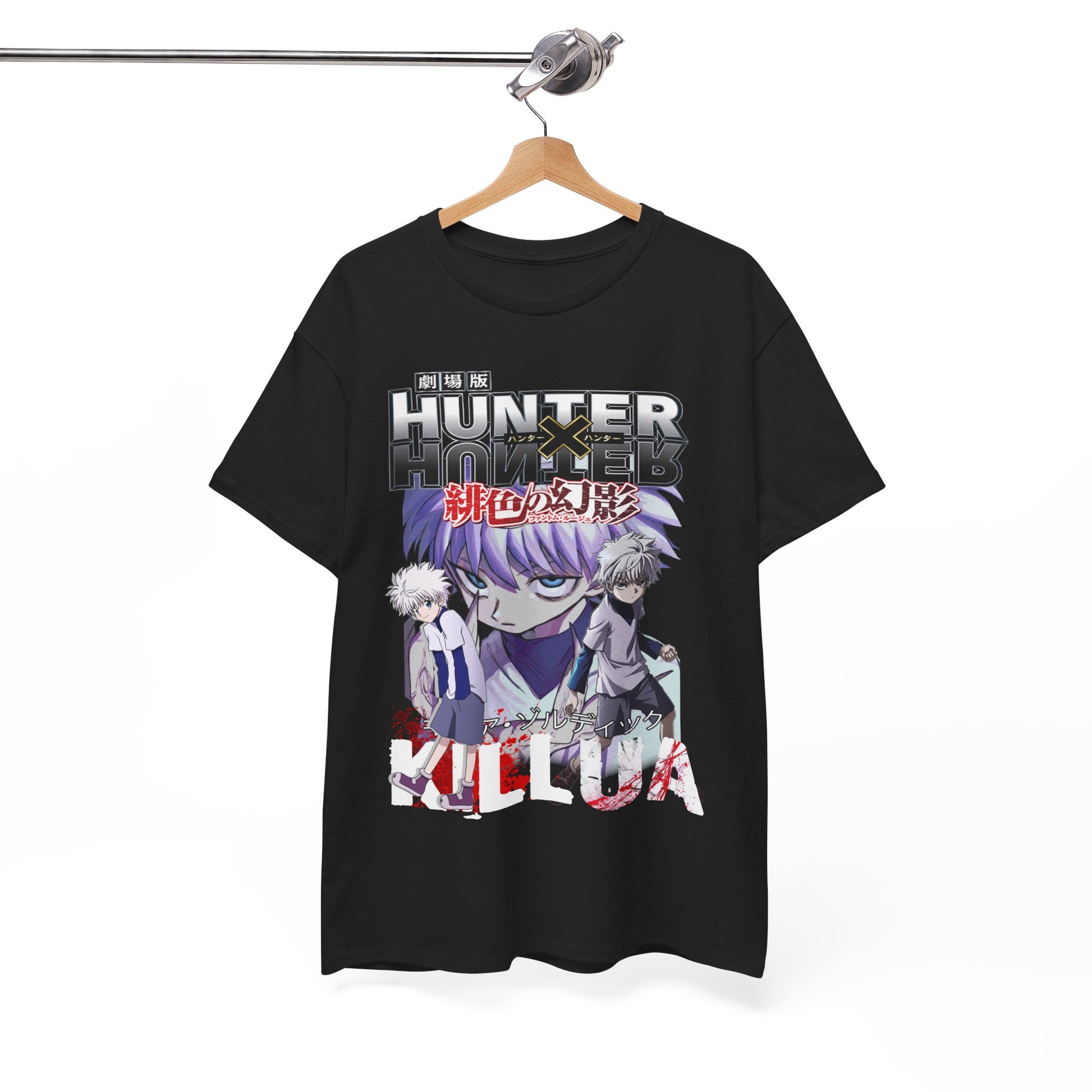 Chic black graphic t-shirt showcasing a stylish hanger display of Killua and Gon from Hunter x Hunter, designed for fans who appreciate luxury fashion.