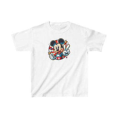 Luxury Child’s Mickey Mouse Pop Art Unisex Graphic Tee Shirt in White showcasing an iconic Mickey Mouse design with vibrant red, white, and blue colours.