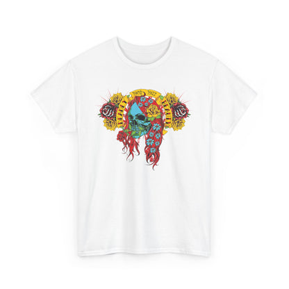 Chic white t-shirt showcasing a glamorous skull motif surrounded by bright floral accents, a perfect statement piece for luxury fashion enthusiasts.