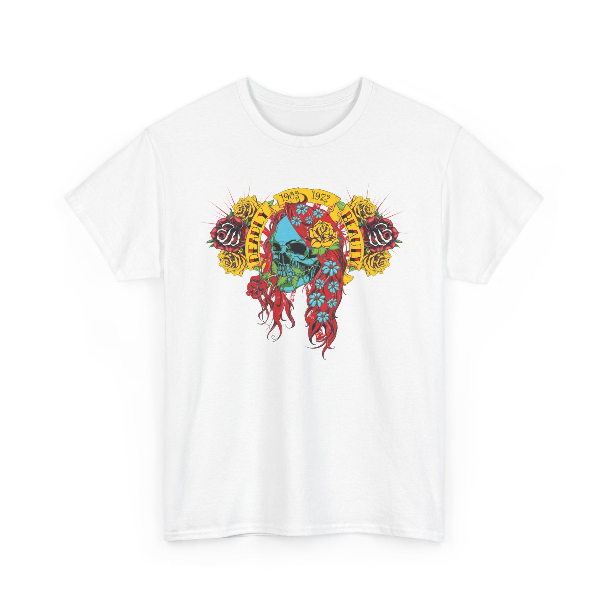 Stylish white t-shirt presenting an artistic skull graphic intertwined with vibrant blooms, embodying a fusion of elegance and rebellious flair.