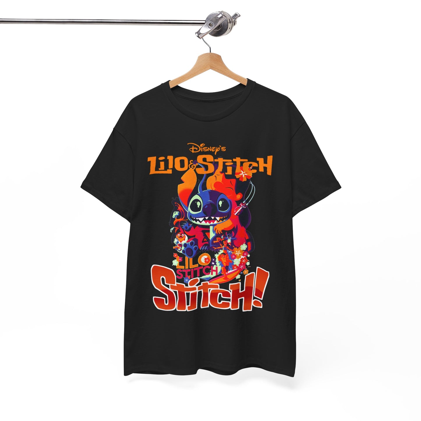 Sophisticated black Lilo and Stitch graphic tee showcased on a stylish wooden hanger, emphasising its trendy design and quality craftsmanship, ideal for fashion-conscious Disney fans.