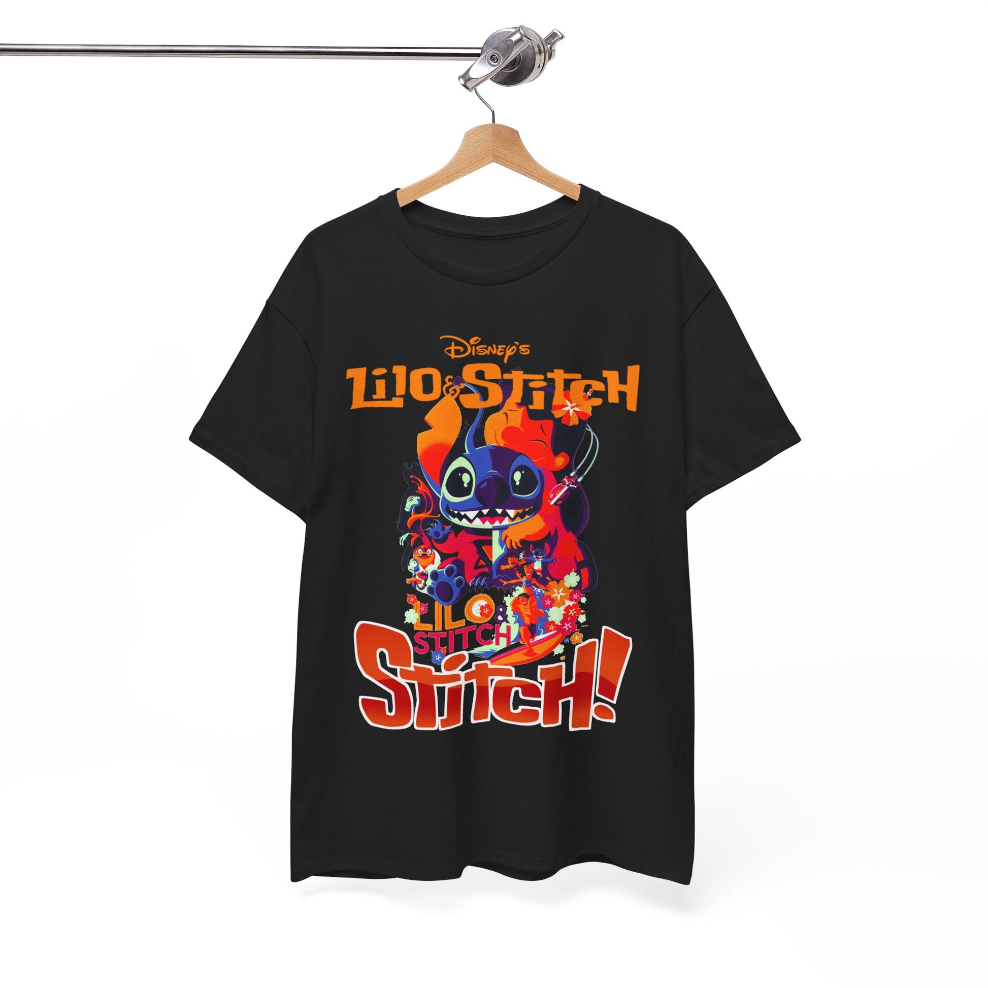 Sophisticated black Lilo and Stitch graphic tee showcased on a stylish wooden hanger, emphasising its trendy design and quality craftsmanship, ideal for fashion-conscious Disney fans.