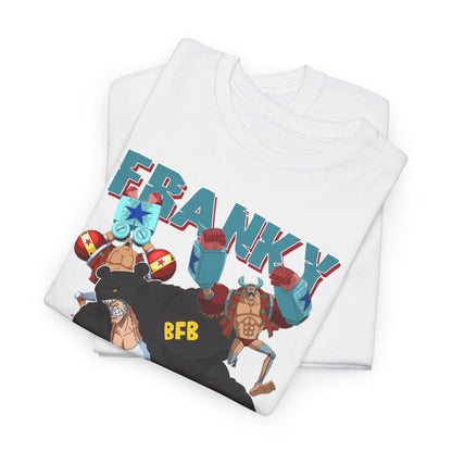 Sophisticated neatly folded white t-shirts showcasing dynamic anime designs featuring Franky, ideal for anime collectors and fans.