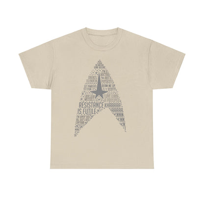 Star Trek Federation Logo Art Graphic Unisex T-Shirt Tee printed in a luxurious beige hue, displaying a blend of famous Star Trek phrases and graphics, perfect for casual wear and expressing fandom with elegance.