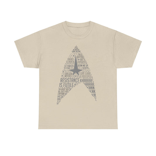 Star Trek Federation Logo Art Graphic Unisex T-Shirt Tee printed in a luxurious beige hue, displaying a blend of famous Star Trek phrases and graphics, perfect for casual wear and expressing fandom with elegance.