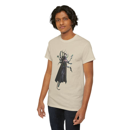 Sophisticated unisex graphic t-shirt adorned with a vibrant fantasy illustration, modeled by an individual showcasing modern style and artistic flair.