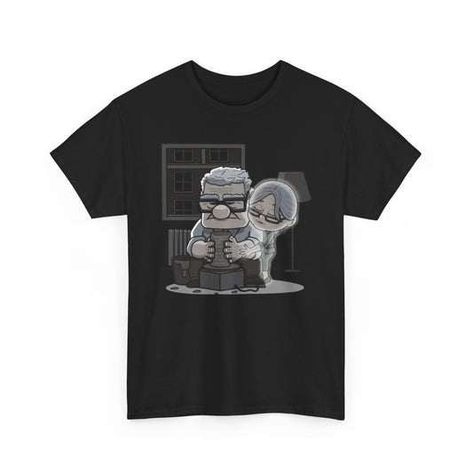 UP Ghost scene Unisex Men Women Graphic Funny T Shirt Tee Urban showcasing a delightful cartoon design of a couple creating a clay pot, evoking warmth and laughter.