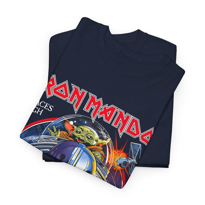 Close-up of the luxurious Iron Mando graphic tee folded, displaying the stunning design illustrating a galactic adventure.