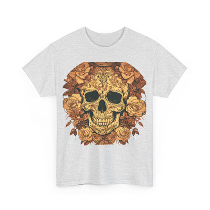 Front view of the Skulls and Roses Cotton Tee, featuring an intricate skull and rose design, embodying edgy fashion and artistry.