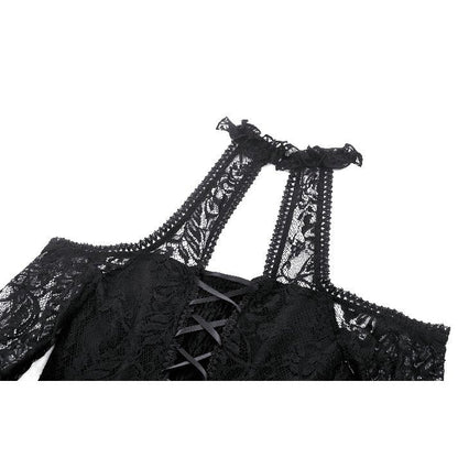 The Dark in Love Gem Gothic Vine Lace Tail Dress displayed flat, showcasing the luxurious fabric and intricate lace patterns.