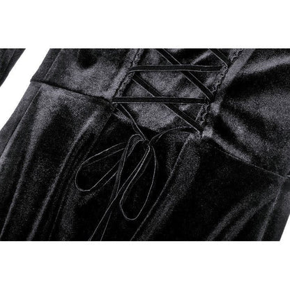 Luxurious Dark in Love Vera Gothic Maxi Dress showcasing high-slit velvet design with embroidered buttons and a hollow neckline, perfect for gothic elegance.