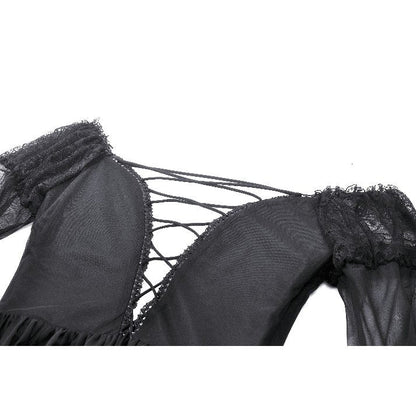 Full-length view of the Dark in Love Millicent Black Tulle Dress showcasing the romantic chiffon skirt and flattering ruffled bodice.