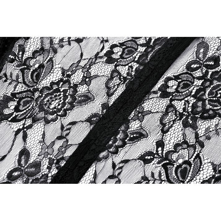 Back view of the Carys Black Gothic Dress showcasing the stunning lace and asymmetrical cut, epitomising gothic glamour.