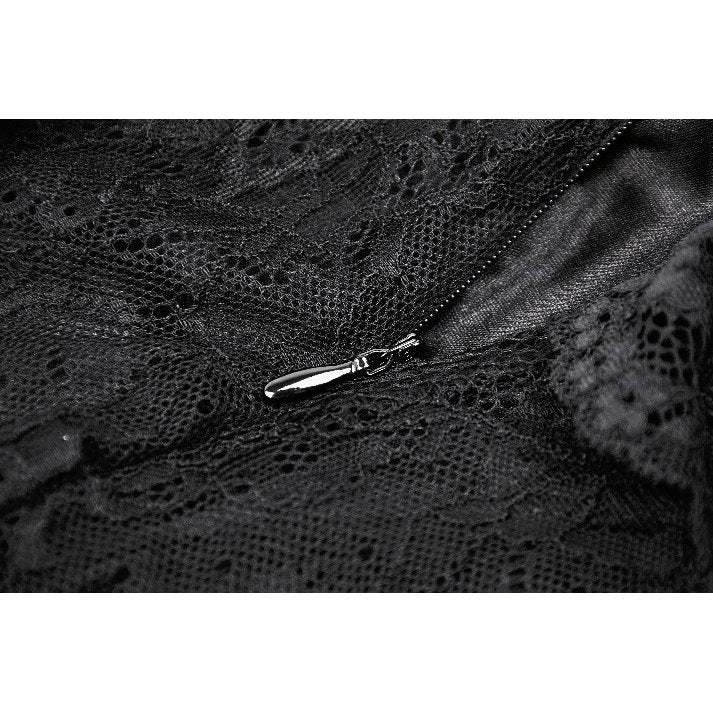 Close-up view of the Dark in Love Nevaeh Skirt highlighting the exquisite embroidery and dramatic design elements for a sophisticated gothic style.