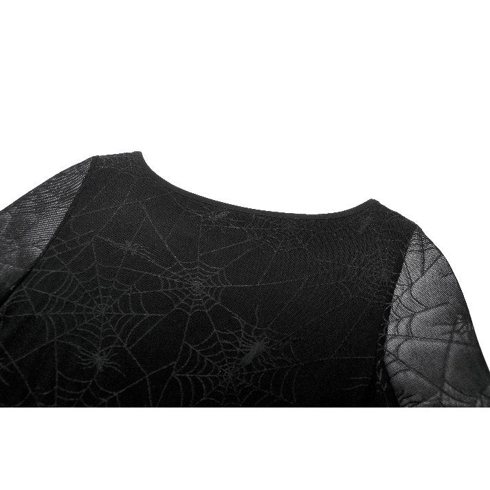 Luxury Gothic Elegance: Dark in Love Jax Spider Print Long Dress featuring a sheer strappy top with web-patterned overlay.