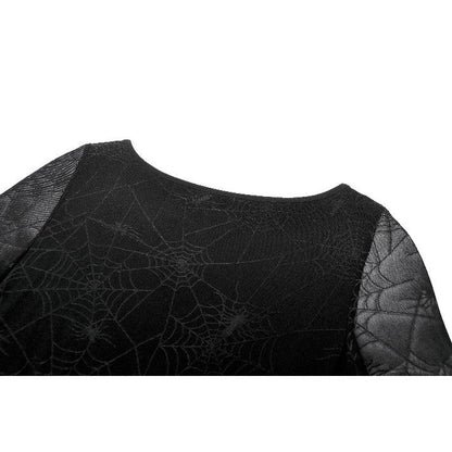 Luxury Gothic Elegance: Dark in Love Jax Spider Print Long Dress featuring a sheer strappy top with web-patterned overlay.
