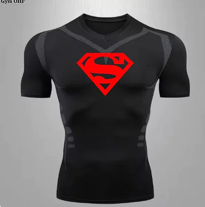 Men's stylish black compression t-shirt featuring a prominent red Superman logo, designed for gym and sports, ideal for performance and breathability.