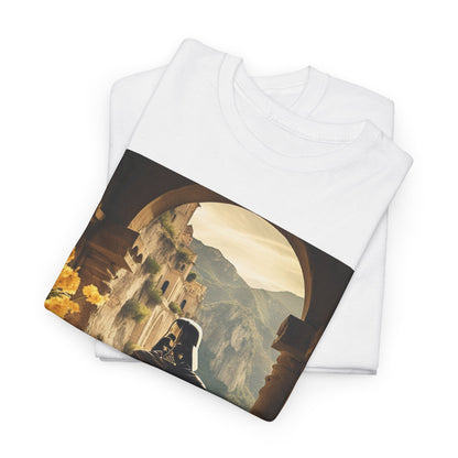Premium quality t-shirt layered neatly, illustrating Darth Vader in a tranquil dining scene, ideal for those who appreciate luxury and unique designs.