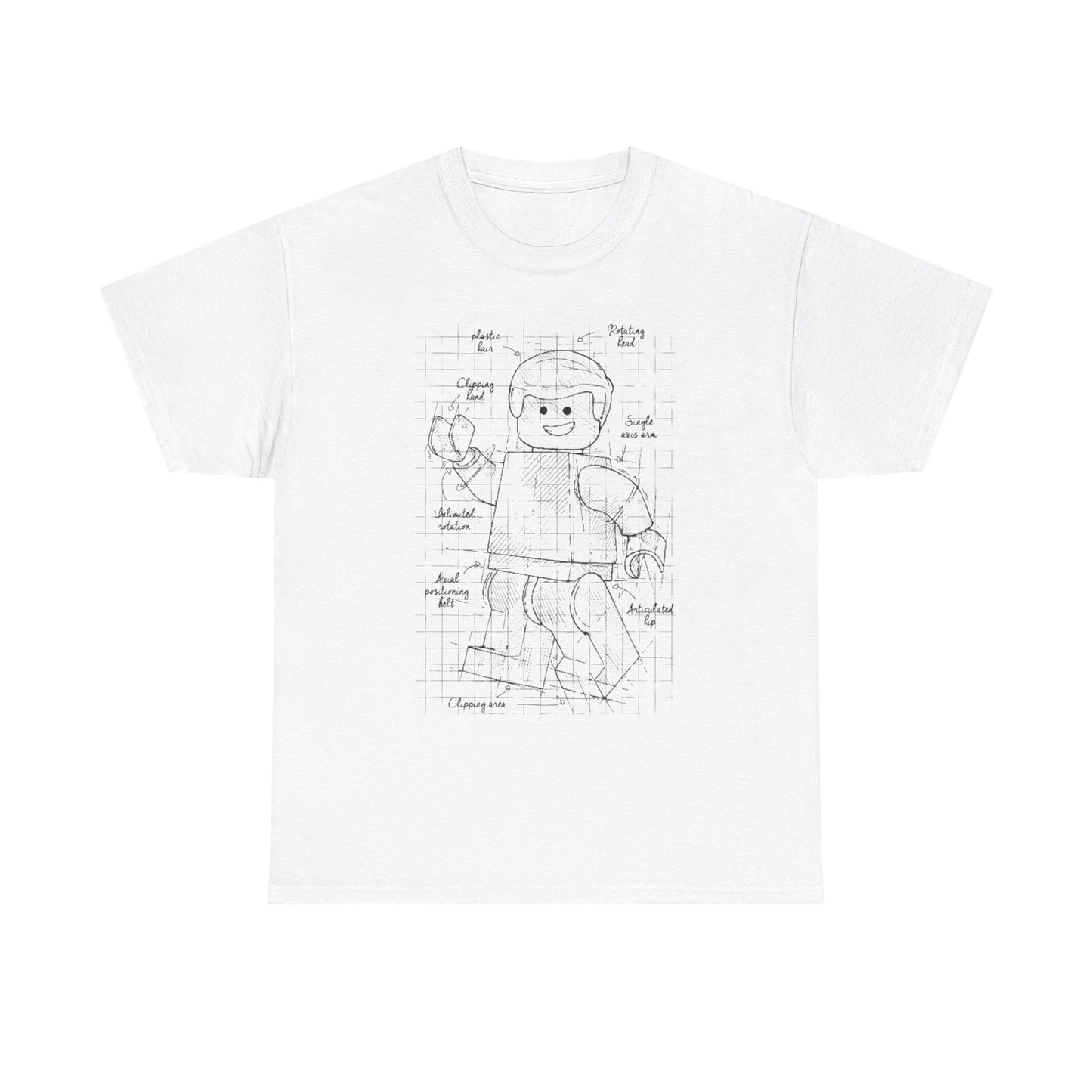 Luxurious white men's t-shirt showcasing a detailed blueprint design of an articulated Lego figure, featuring notes and annotations on a gridded background.