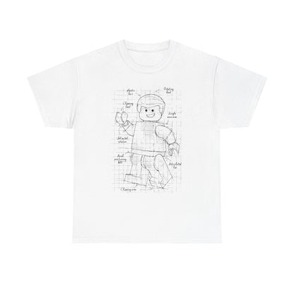 Luxurious white men's t-shirt showcasing a detailed blueprint design of an articulated Lego figure, featuring notes and annotations on a gridded background.