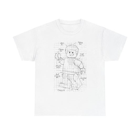 Luxurious white men's t-shirt showcasing a detailed blueprint design of an articulated Lego figure, featuring notes and annotations on a gridded background.