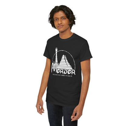 Chic black t-shirt displayed on a model, showcasing a modern design with a tribute to Mordor, ideal for individuals who admire classic literature and style.
