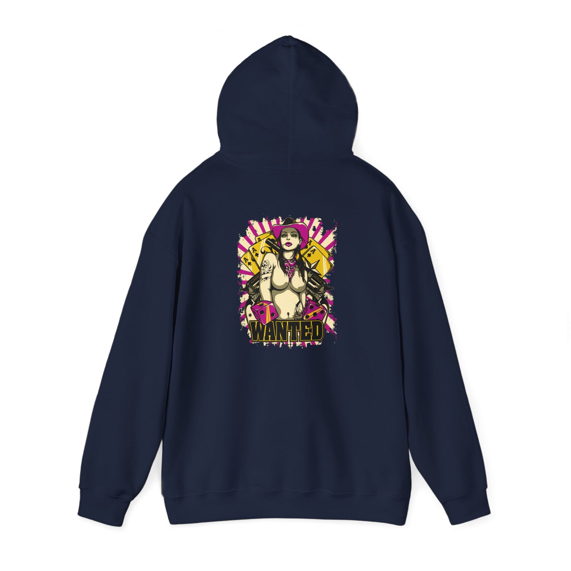Luxurious back view of the WANTED Back Print Hoodie, featuring a bold and striking graphic design of a confident rebel female character adorned with tattoos, a pink cowboy hat, and eye-catching cards, set against a vibrant textured backdrop.