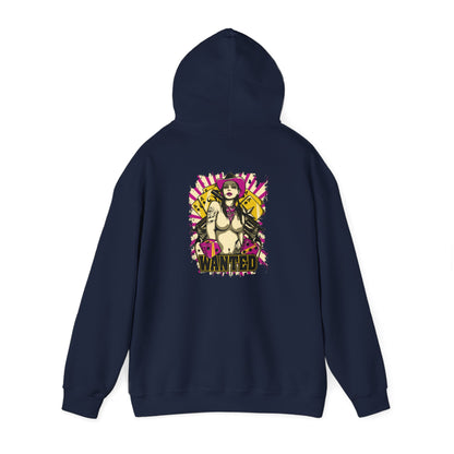 Luxurious back view of the WANTED Back Print Hoodie, featuring a bold and striking graphic design of a confident rebel female character adorned with tattoos, a pink cowboy hat, and eye-catching cards, set against a vibrant textured backdrop.