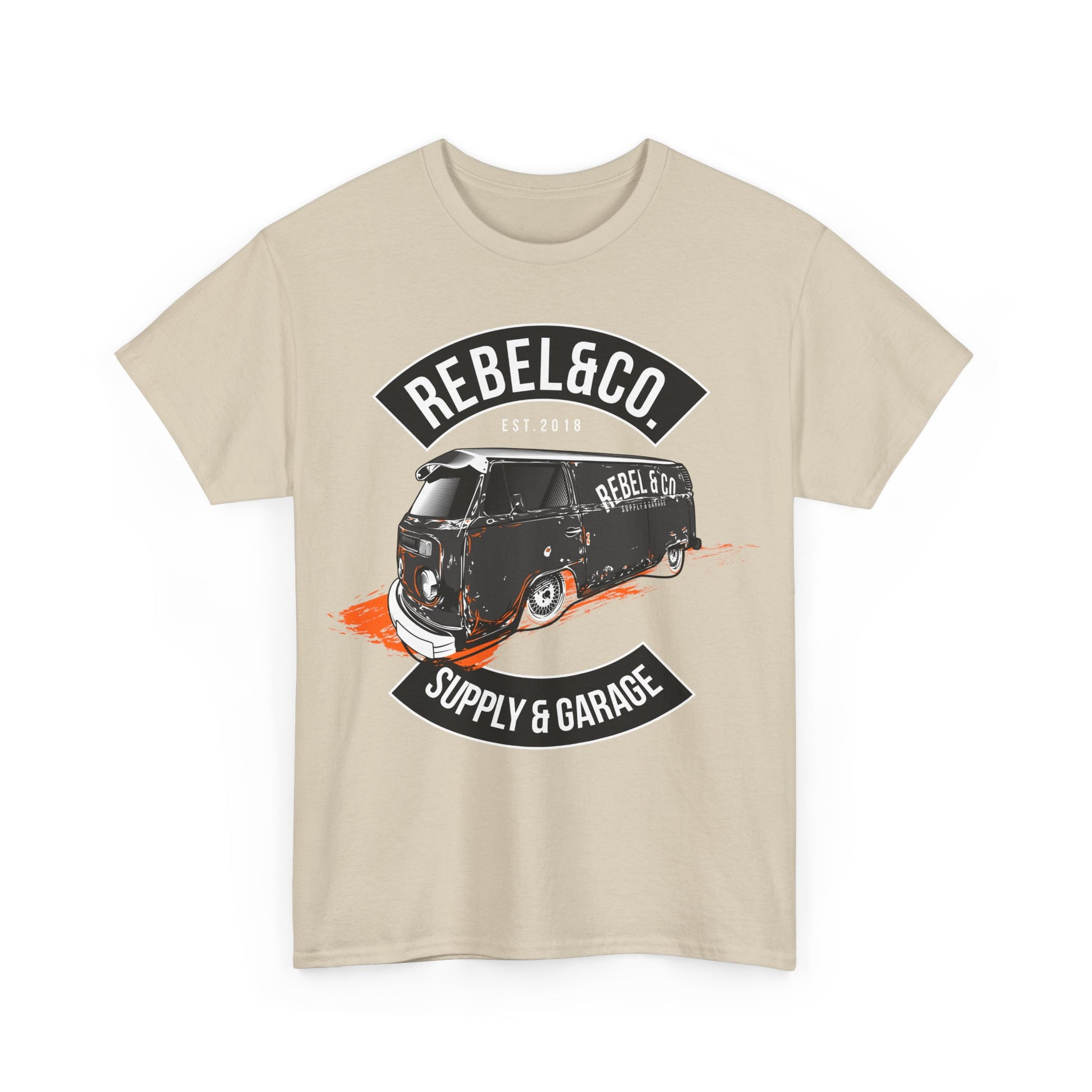 Chic front view of a beige men's t-shirt adorned with a bold vintage camper van graphic, appealing to trendsetters with a passion for exploration.