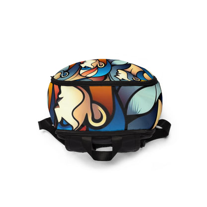 Geo Simplicity Fusion Backpack by Dazzling Dreams Studio showcasing vibrant comic-style abstract art, perfect for modern travelers with a flair for creativity.