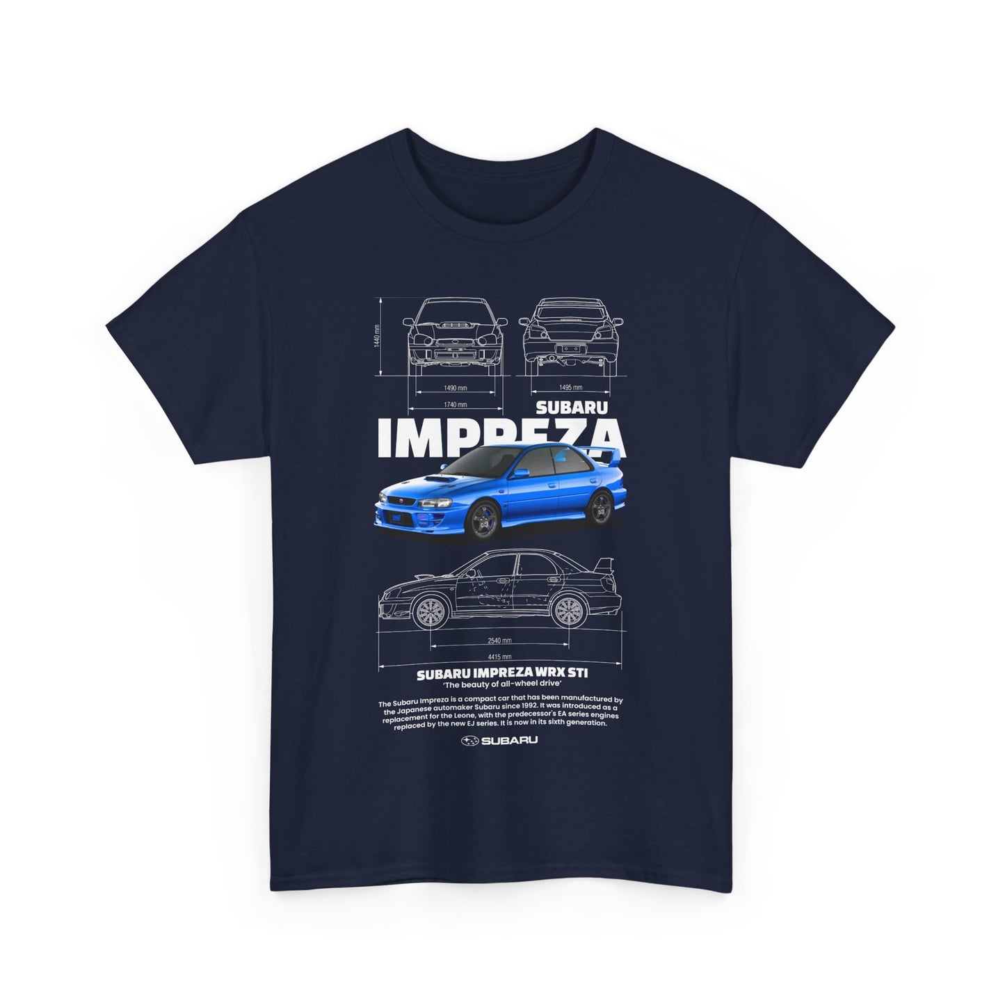 Elegant navy blue men's t-shirt featuring a detailed graphic illustration of the Subaru Impreza WRX STI, showcasing its design and performance features, perfect for automotive enthusiasts.