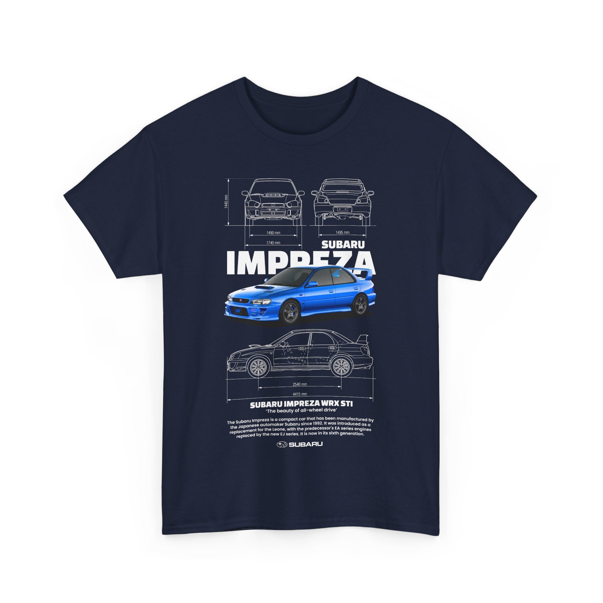 Elegant navy blue men's t-shirt featuring a detailed graphic illustration of the Subaru Impreza WRX STI, showcasing its design and performance features, perfect for automotive enthusiasts.
