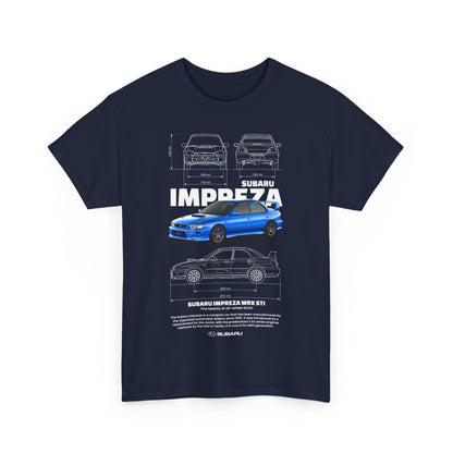 Elegant navy blue men's t-shirt featuring a detailed graphic illustration of the Subaru Impreza WRX STI, showcasing its design and performance features, perfect for automotive enthusiasts.