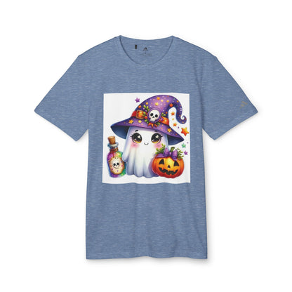Adidas Unisex Halloween Party Ghost Cute T-shirt in light blue displaying a delightful ghost in a witch's hat, designed for a trendy Halloween look.