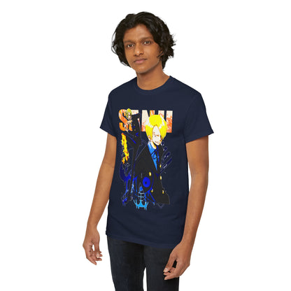Chic navy t-shirt adorned with striking anime artwork showcasing a charismatic character, ideal for trendy anime lovers.