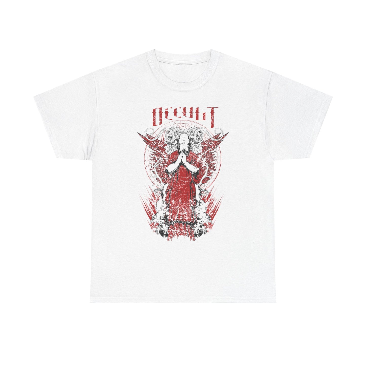 Luxurious white graphic t-shirt featuring a striking occult design with a central figure adorned in a crimson robe, majestic horns, and intricate patterns, perfect for dark fantasy enthusiasts.