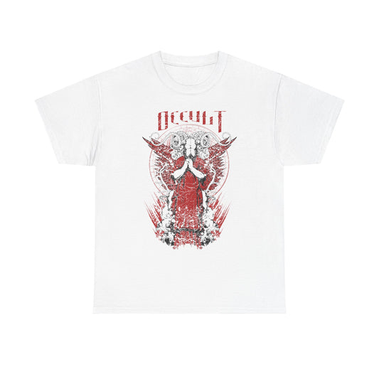Luxurious white graphic t-shirt featuring a striking occult design with a central figure adorned in a crimson robe, majestic horns, and intricate patterns, perfect for dark fantasy enthusiasts.