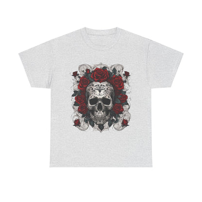 Chic Skulls and Roses Cotton Tee in light grey, adorned with a striking skull and rose motif, designed for those embracing alternative luxury fashion.