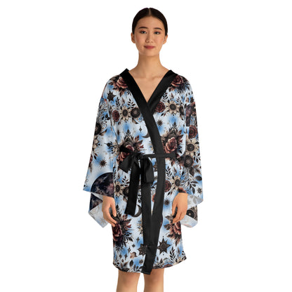 Stylish Floral Kimono Robe for women featuring exquisite flower prints and a black belt, ideal for luxurious lounging and elegant evening attire.