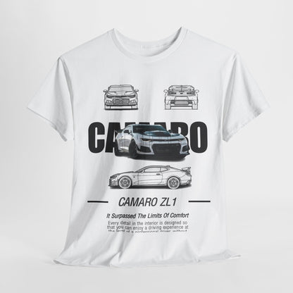 Luxury Mens Camaro ZL1 T-Shirt featuring an iconic graphic design showcasing the performance car's silhouette on a white background, perfect for car enthusiasts.