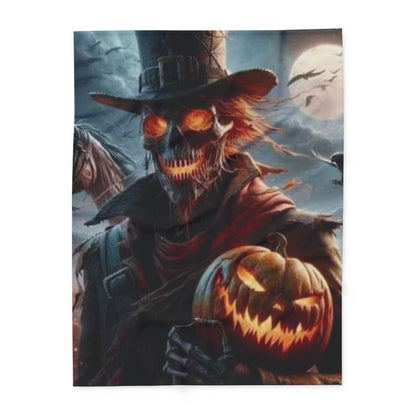 Decorative and Warm Halloween Spooky Arctic Fleece Blanket depicting a stylish skeleton in a hat, holding a sinister pumpkin, elevating your seasonal decor with a hint of eerie sophistication.