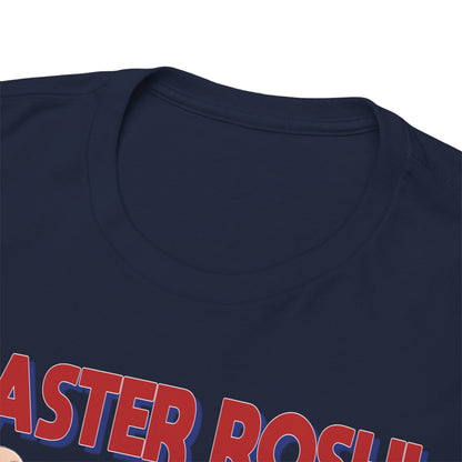 Luxurious close-up of the neckline of a Dragon Ball Z Master Roshi t-shirt, showcasing premium fabric and bold red lettering.
