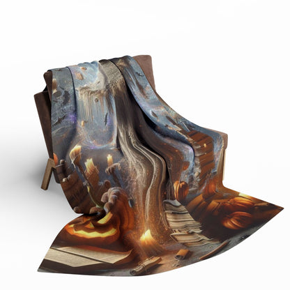 Decorative and Warm Halloween Spooky Arctic Fleece Blanket draped over a stylish chair, highlighting its intricate Halloween motifs and inviting warmth for the season.