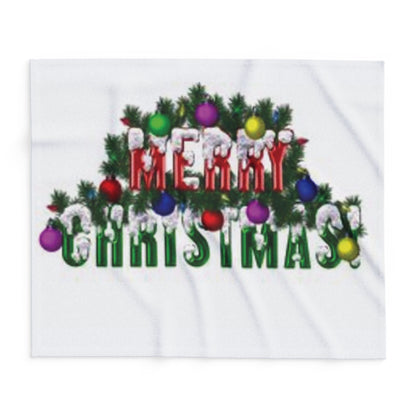 Close-up of the Decorative and Warm Christmas Arctic Fleece Blanket displaying a festive 'Merry Christmas!' motif decorated with colourful baubles and greenery.