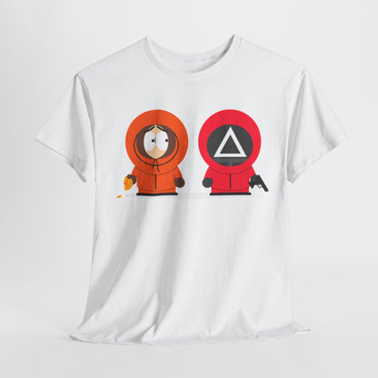 Squid Game South Park Unisex Men’s Women’s Graphic Cotton Funny T-Shirt Tee featuring a mashup design with animated characters in vibrant colors, showcasing humorous elements for avid fans.