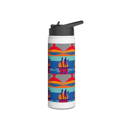 Luxury Fantasy Paddleboarding Stainless Steel Water Bottle featuring vibrant graphics of paddleboarders against a sunset backdrop, showcasing versatility and style for outdoor adventures.