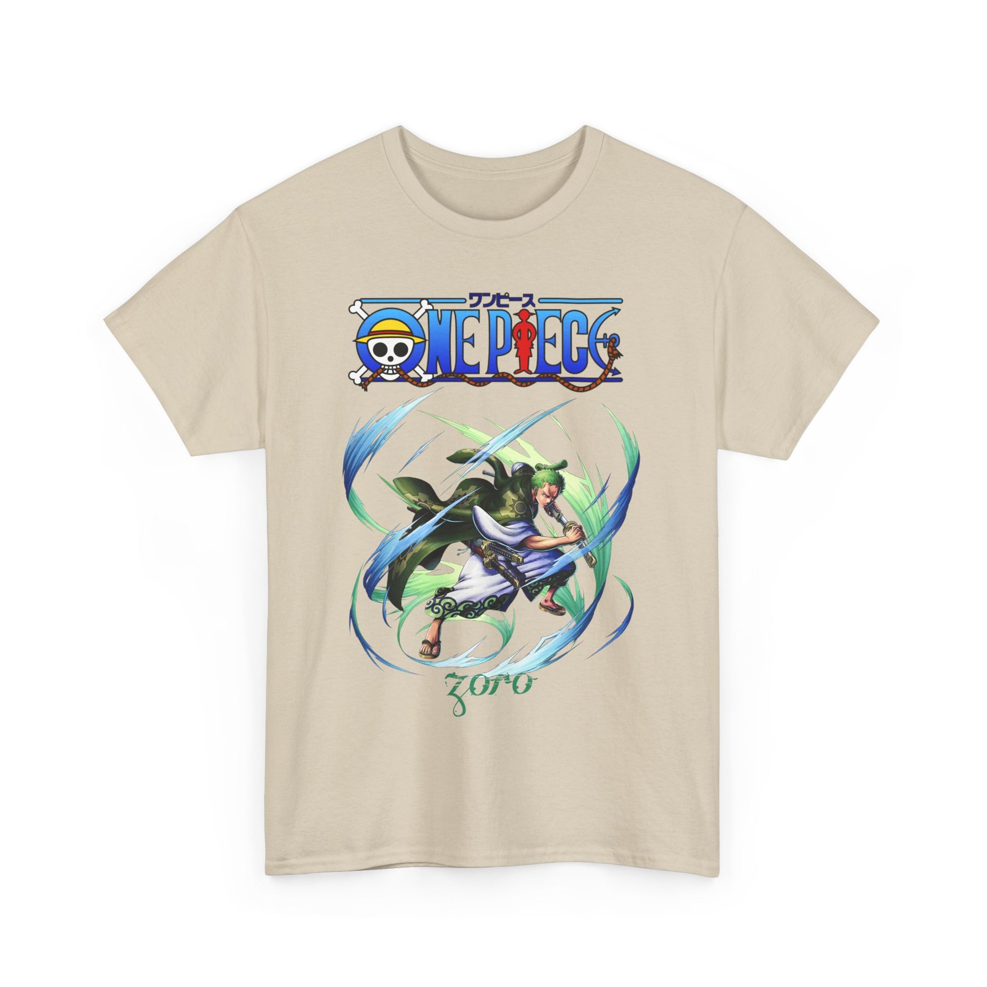 Luxury Epic Men's T-Shirt in beige showcasing Zoro from One Piece with dynamic design elements, perfect for the discerning fan of stylish anime fashion.