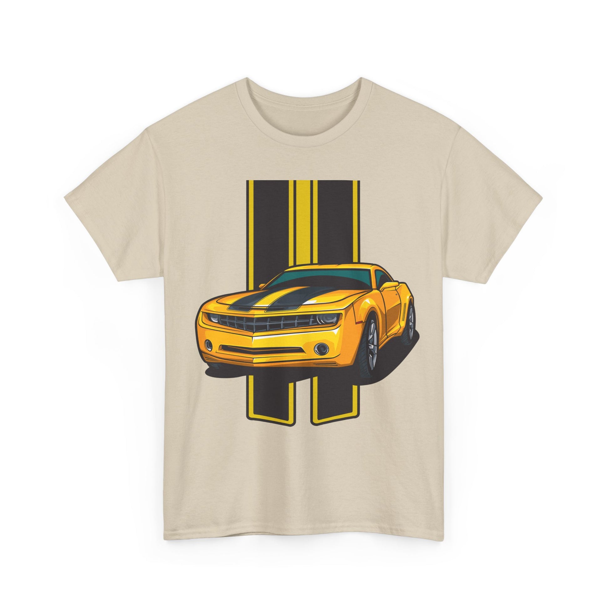 Luxury men's T-shirt showcasing a striking neon yellow Camaro graphic with sleek black racing stripes, perfect for automotive enthusiasts.
