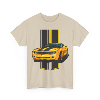 Luxury men's T-shirt showcasing a striking neon yellow Camaro graphic with sleek black racing stripes, perfect for automotive enthusiasts.